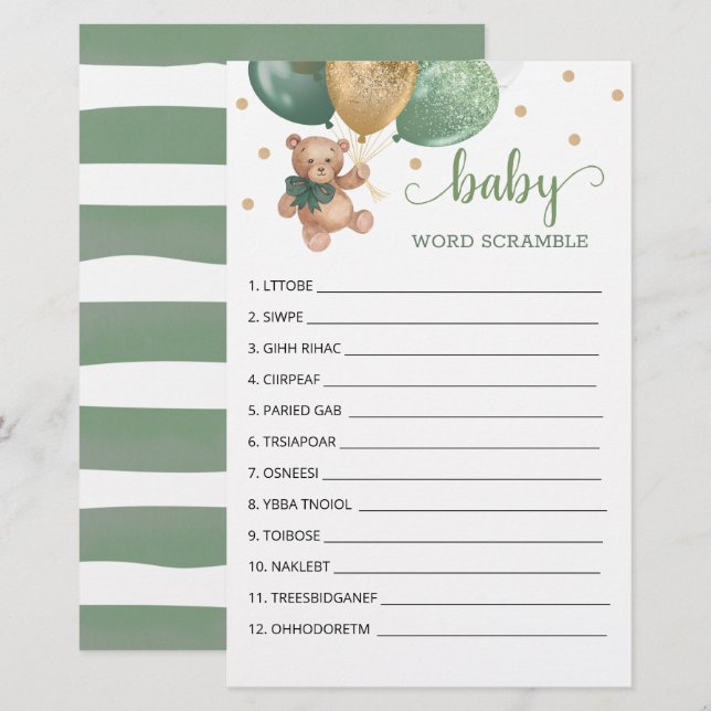 Papier Sage Green Word Scramble Jeu Teddy Bear (Devant / Derrière)