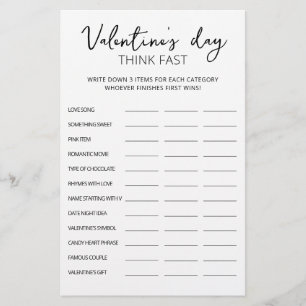 Papier Saint Valentin Pensez vite, pensez rapide jeu de f