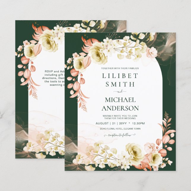 Papier Saison d'émeraude Coral Green Floral Mariage (Devant / Derrière)