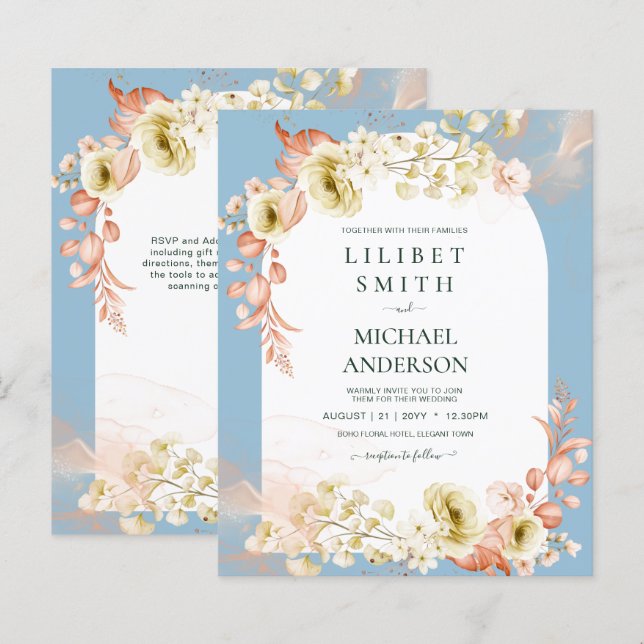 Papier Saisons Dusty Blue Coral Floral Mix Mariage (Devant / Derrière)