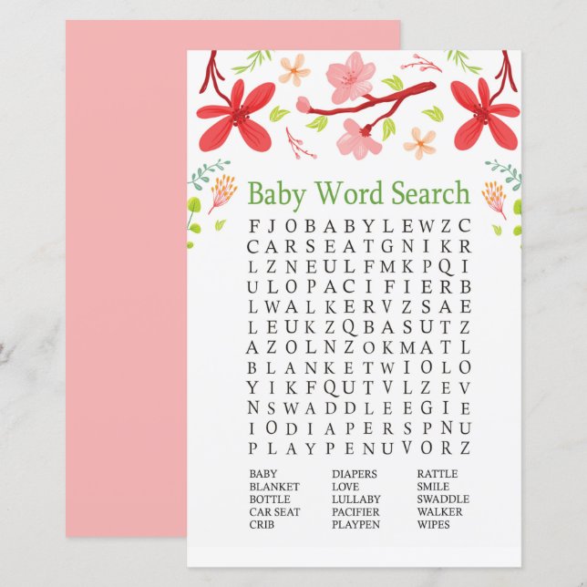 Papier Sakura Baby shower Word Search Jeu (Devant / Derrière)