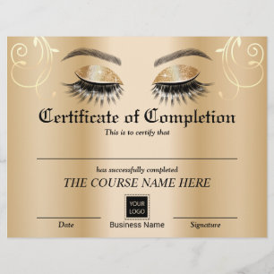 Papier Salon Gold Lashes Certificat d'achèvement