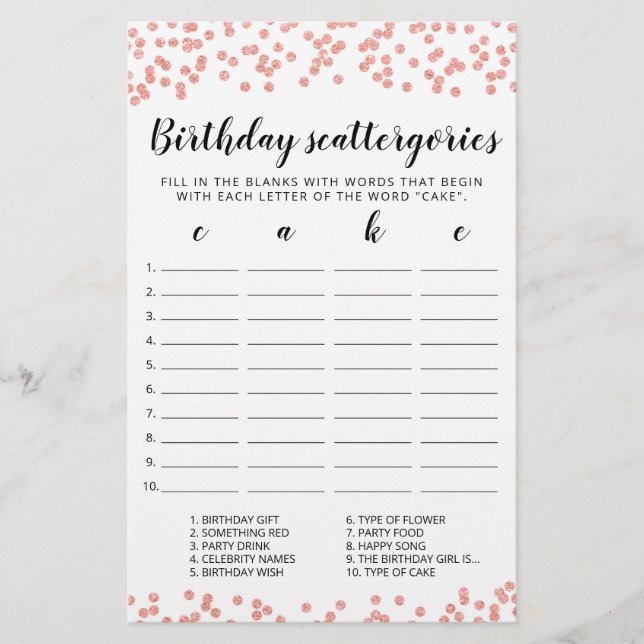 Papier Scattergories Anniversaire jeu modifiable (Devant)