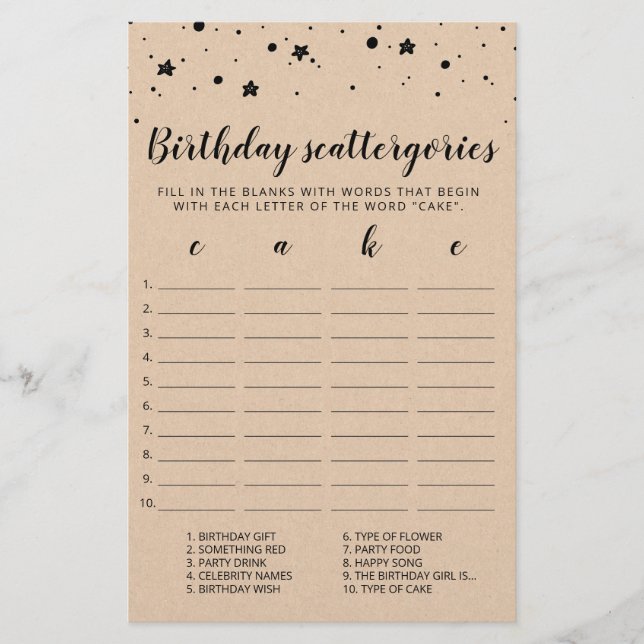 Papier Scattergories Anniversaire jeu modifiable (Devant)