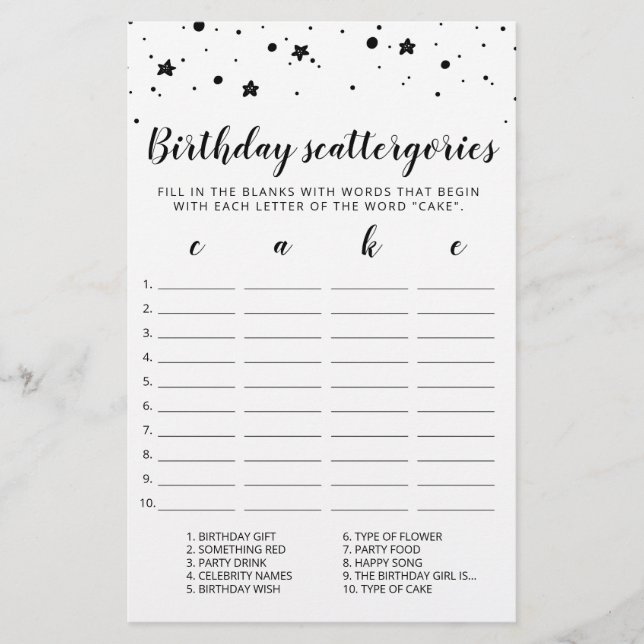 Papier Scattergories Anniversaire jeu modifiable (Devant)