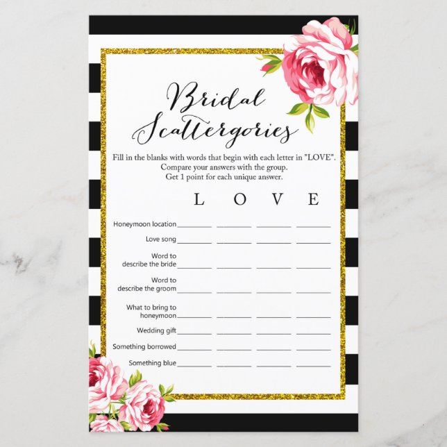 Papier Scattergories nuptiales - Jeu de Fêtes des mariées (Devant)