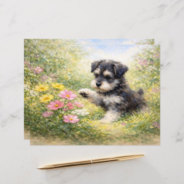 Papier Schnauzer Puppy Springtime Flowers Scrapbook Paper (Devant/Arrière en situation)