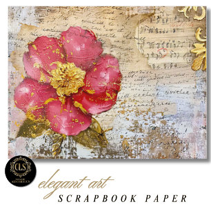 Papier scrapbook écriture fleur rouge et or