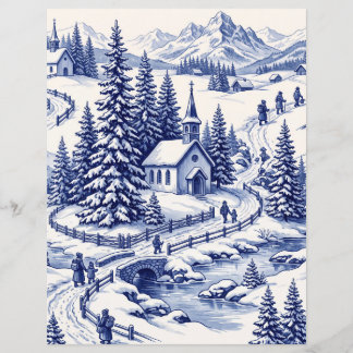 Papier scrapbook Église Hiver Toile Bleue Alpine