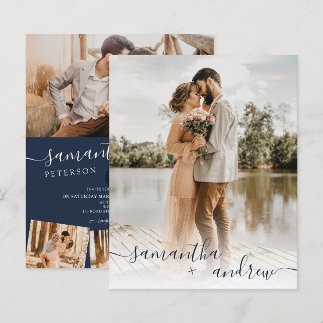 Papier Script bleu marine moderne 5 photos mariage budget (Devant / Derrière)
