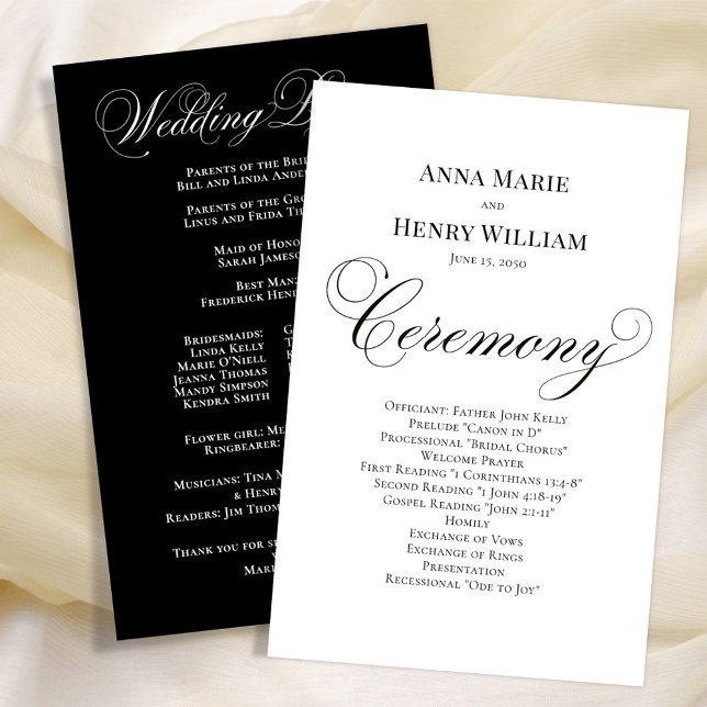 Papier Script de calligraphie mariage noir et blanc (Elegant calligraphy script classic wedding ceremony church program. )