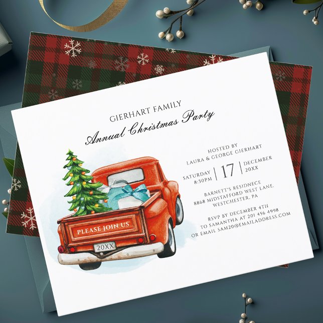 Papier Script de Noël Camion Rouge Famille Invitation (Rustic Christmas Party Red Truck Elegant Invitation)