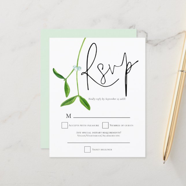 Papier Script Mistletoe Budget Noël Mariage RSVP (Devant/Arrière en situation)