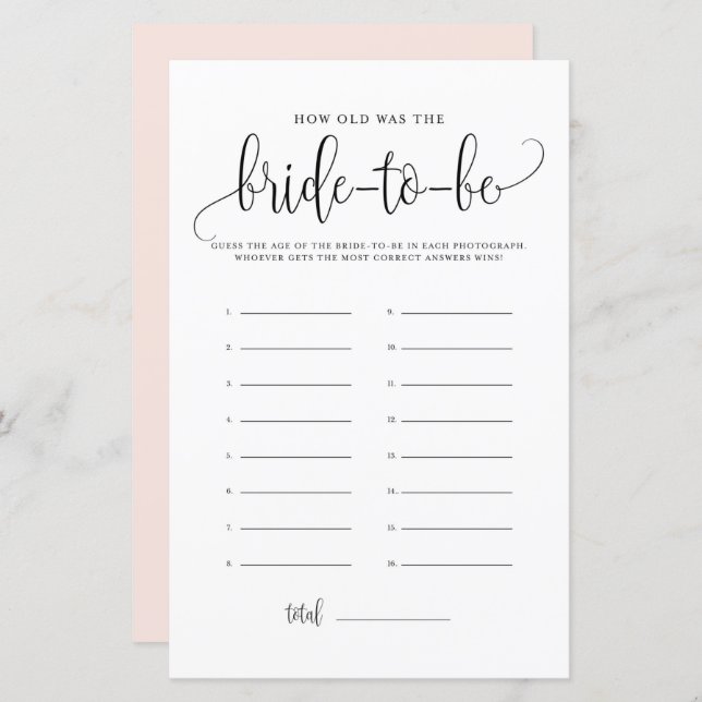 Papier Script noir Quelle était l'âge de la mariée douche (Devant / Derrière)