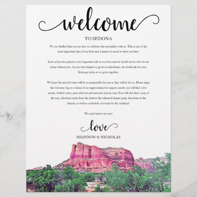 Papier Sedona Arizona Mariage Week-end Bienvenue Itinérai (Devant)