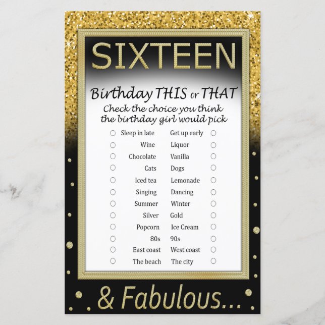 Papier Seize Anniversaire Ce ou ce jeu (Devant)