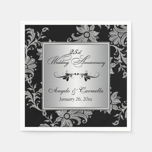 Papier Serviettes noires, 25e anniversaire de Mariage en  (Devant)