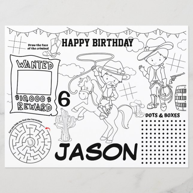 Papier Sets de table d'anniversaire Cowboy, fiche d'activ (Devant)