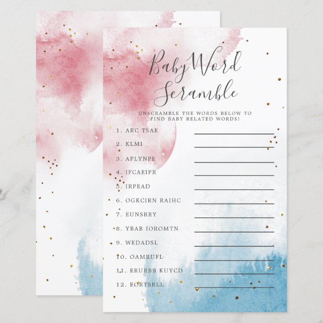 Papier Sexe Révéler aquarelle bébé Word Scramble Jeu (Devant / Derrière)