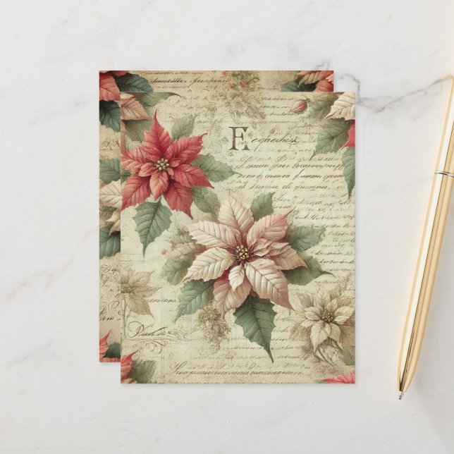 Papier Shabby Chic Poinsettia sur Scrapbook de script pap (Devant/Arrière en situation)