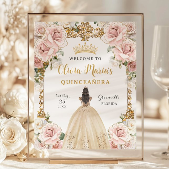 Papier Signe Quinceañera de Champagne Florale Rose Budget (Créateur téléchargé)
