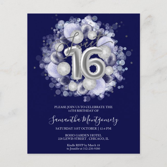 Papier Silver Foil Sweet 16 Ballons Budget Invitation (Devant)
