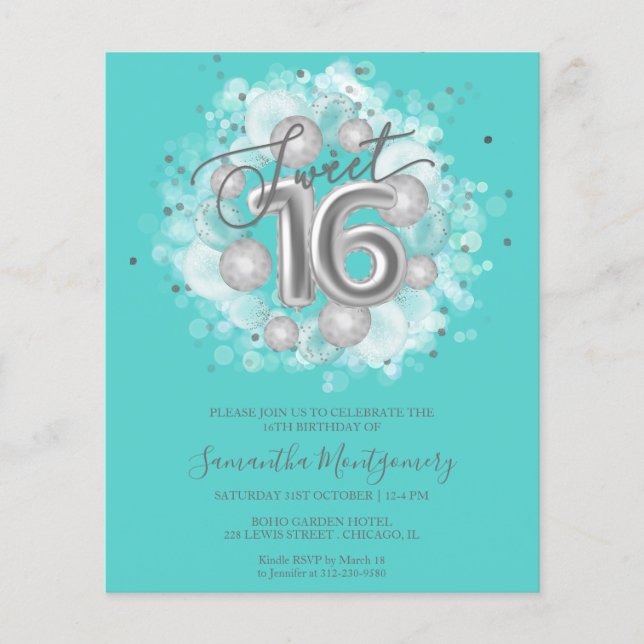 Papier Silver Foil Sweet 16 Ballons Budget Invitation (Devant)