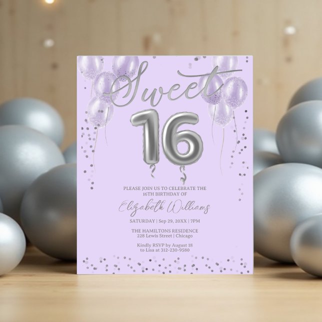 Papier Silver Foil Sweet 16 Ballons Invitations Budget (Créateur téléchargé)