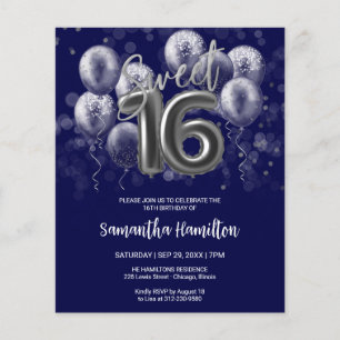 Papier Silver Sweet 16 Ballons Blue Budge Invitation