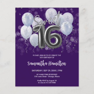 Papier Silver Sweet 16 Ballons Purple Budge Invitation