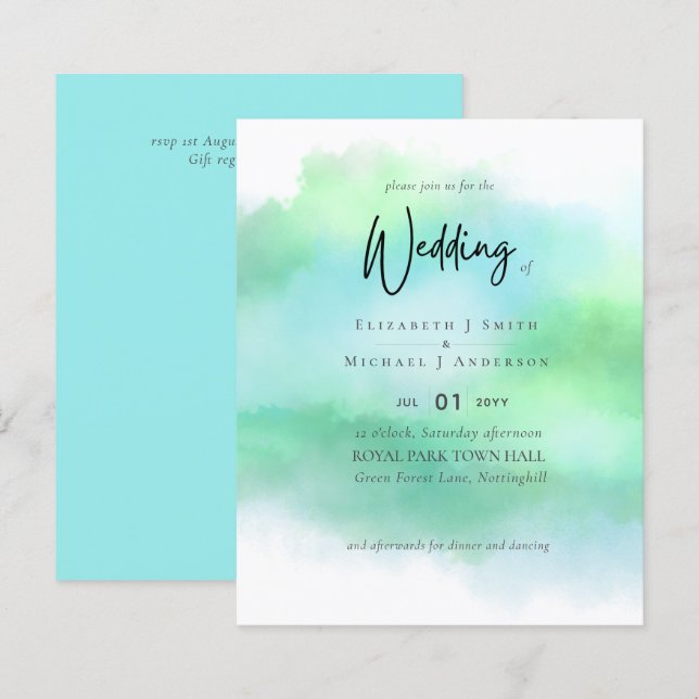 Papier Simple Aqua Blue Fade Green Moderne Budget Mariage (Devant / Derrière)