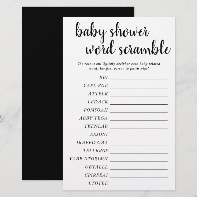 Papier Simple Bébé Mot Scramble | Black White Game Card (Devant / Derrière)
