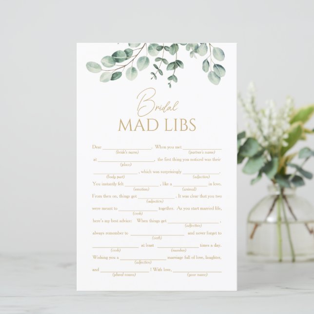 Papier Simple Greenery Bridal Shower Mad Libs Game (Debout devant)