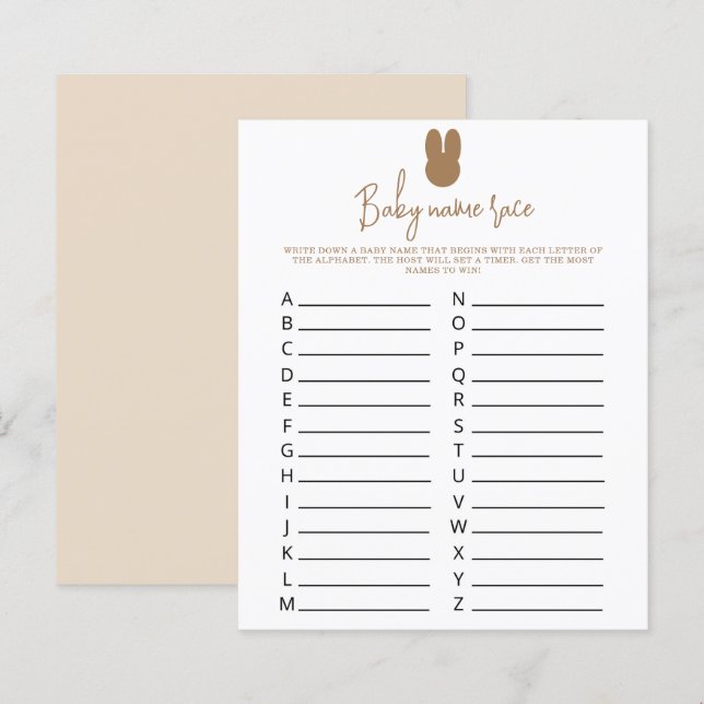 Papier Simple jeu de course de noms de bébé lapin (Devant / Derrière)