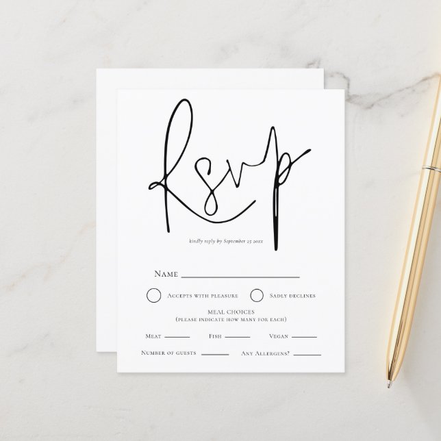 Papier Simple Mariage noir blanc choix de repas RSVP (Devant/Arrière en situation)