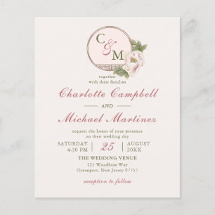 Papier Simple Monogramme Blush Pink Peony Mariage Invite