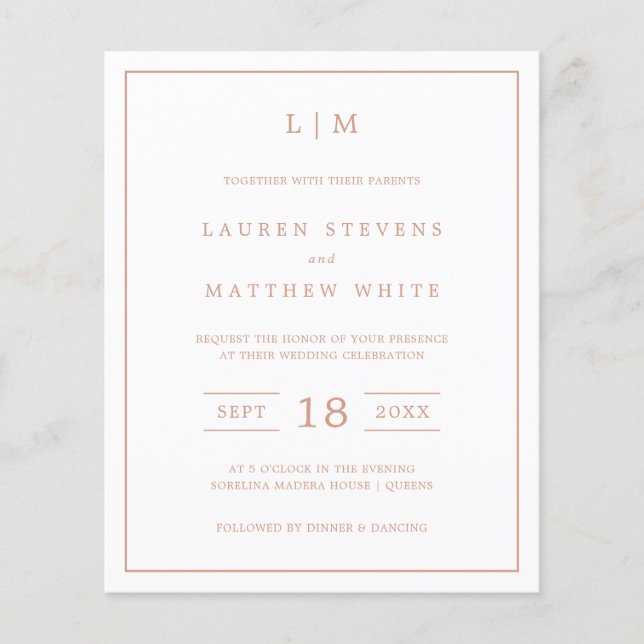 Papier Simple Rose rose Monogramme Budget Mariage Invite (Devant)