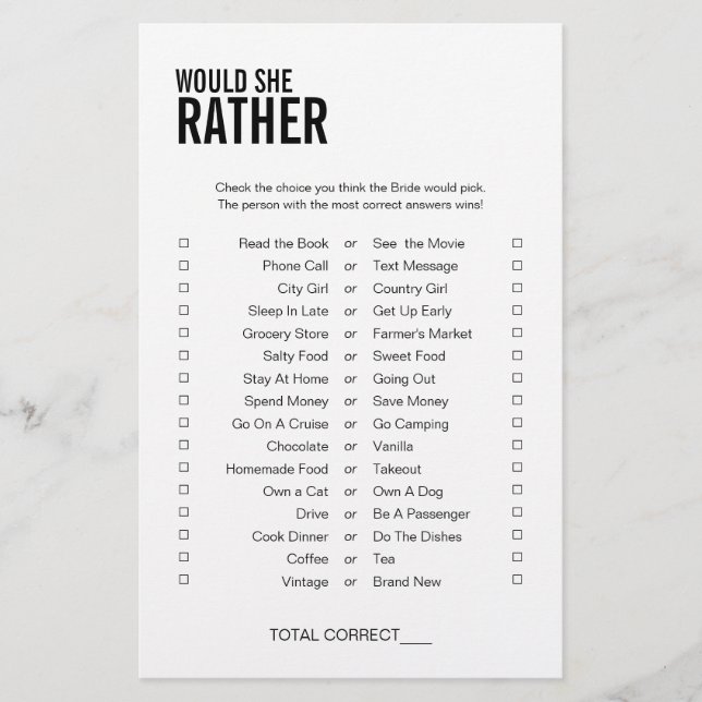 Papier Simple Voudrait-Elle Plutôt Fête des mariées Jeu (Devant)