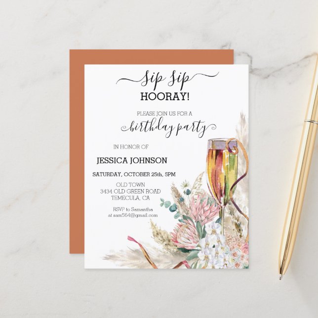 Papier Sip Sip Hooray fête d'anniversaire Budget Champagn (Devant/Arrière en situation)