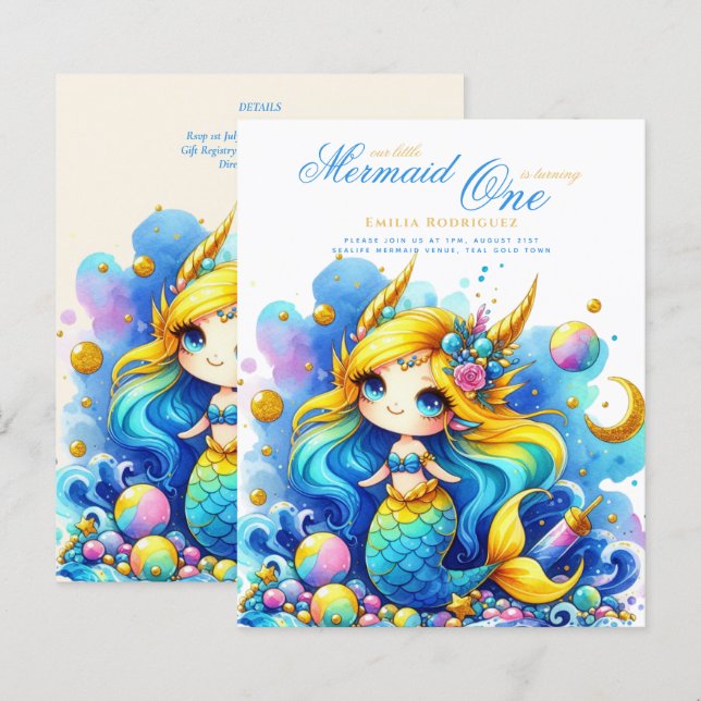 Papier Sirène 1er Anniversaire ou MODIFIER ÂGE Turquoise  (Devant / Derrière)