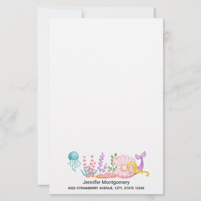 Papier Sirène et méduse sous l'aquarelle marine (Devant)