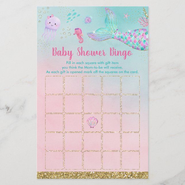 Papier Sirène Sous Le Bingo Du Baby shower De Mer (Devant)