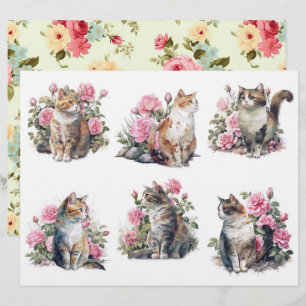 Papier Six jolis chats à l'aquarelle dans un lit de roses