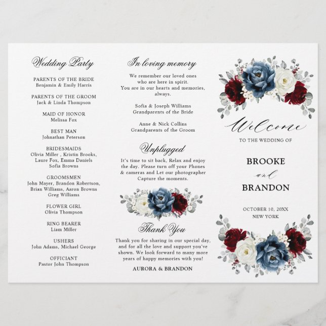 Papier Slate Blue Burgundy Boho Mariage Tri-Fold Programm (Devant)