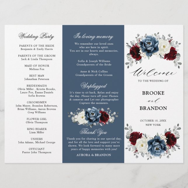 Papier Slate Blue Burgundy Boho Mariage Tri-Fold Programm (Devant)