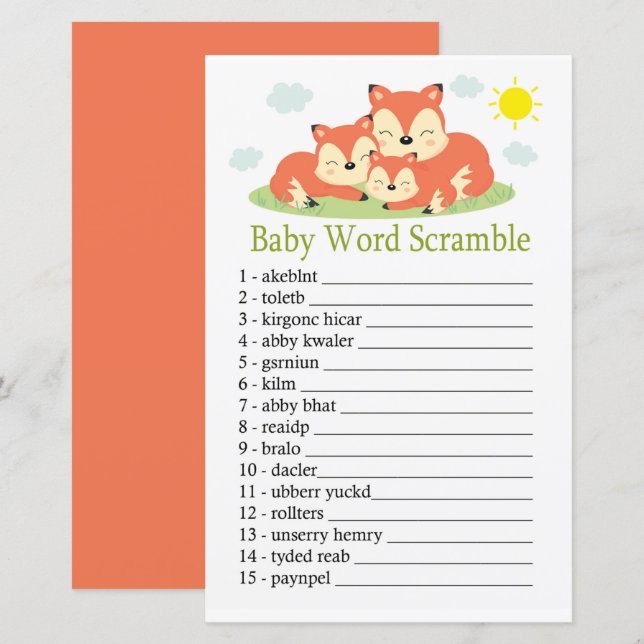 Papier Sleepy fox Baby word scramble jeu (Devant / Derrière)