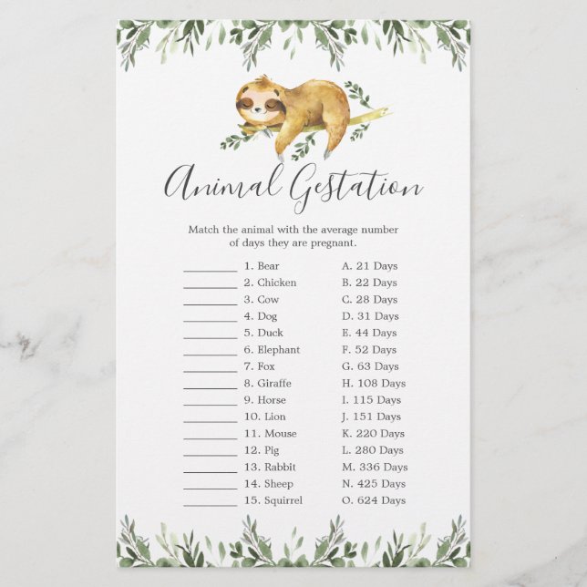Papier Sleepy Sloth Baby shower Animal Gestation Jeu (Devant)