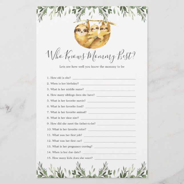 Papier Sloth Animals Baby shower Qui Connaît Maman Le Mie (Devant)