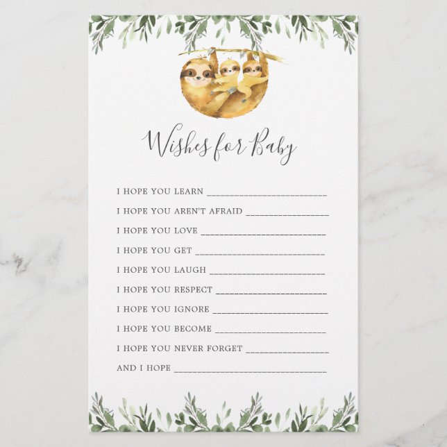 Papier Sloth Animals Baby shower Voeux Pour Bébé (Devant)