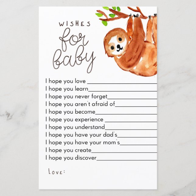 Papier Sloth baby shower des souhaits de jeu pour bébé (Devant)